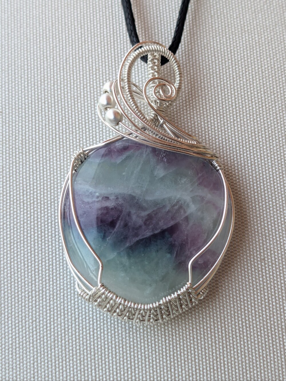 Silver-Plated Fluorite Pendant | Wire Wrapped | Purple Green | Handmade - Picture 4 of 9